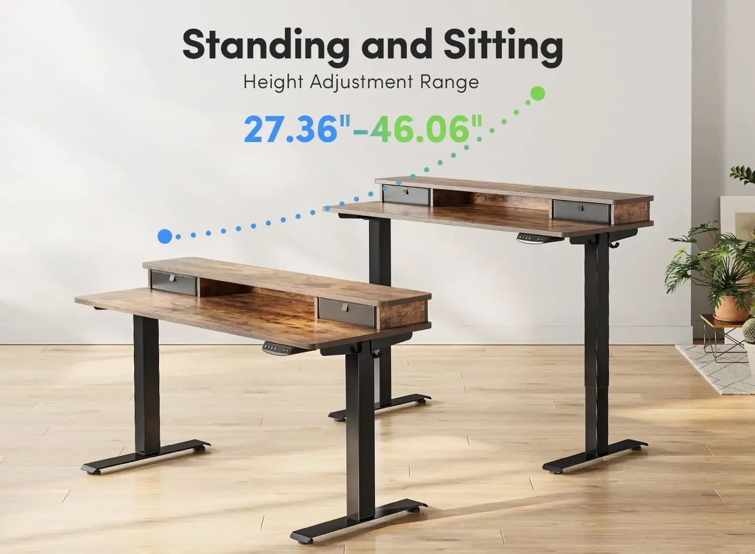 55 x 24 Inch Height Adjustable Electric Standing Desk with Double Drawer, Stand Up Desk with Storage Shelf, Sit Stand Desk