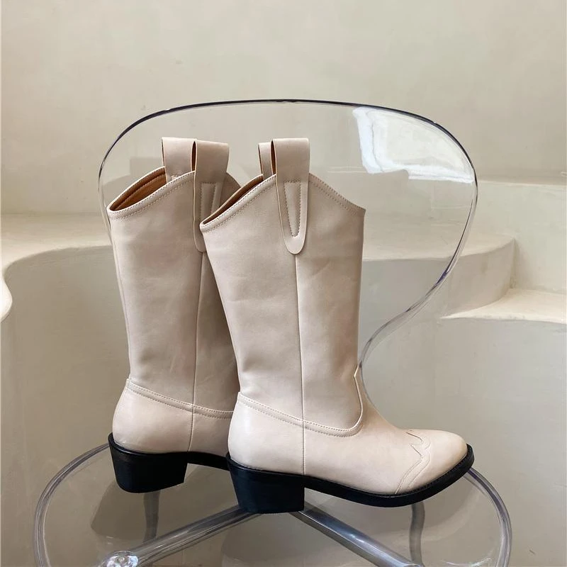 New Rock Ladies Boots Leather Mid Calf Footwear Half High Shoes For Women Middle Heel Sale With Stylish Spring Autumn Hot