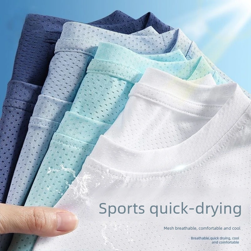 Summer Ice Silk Men T Shirt Short Sleeve Round Neck Breathable Thin Sport Running Quick Drying Tees Soft Elasticity Outdoor