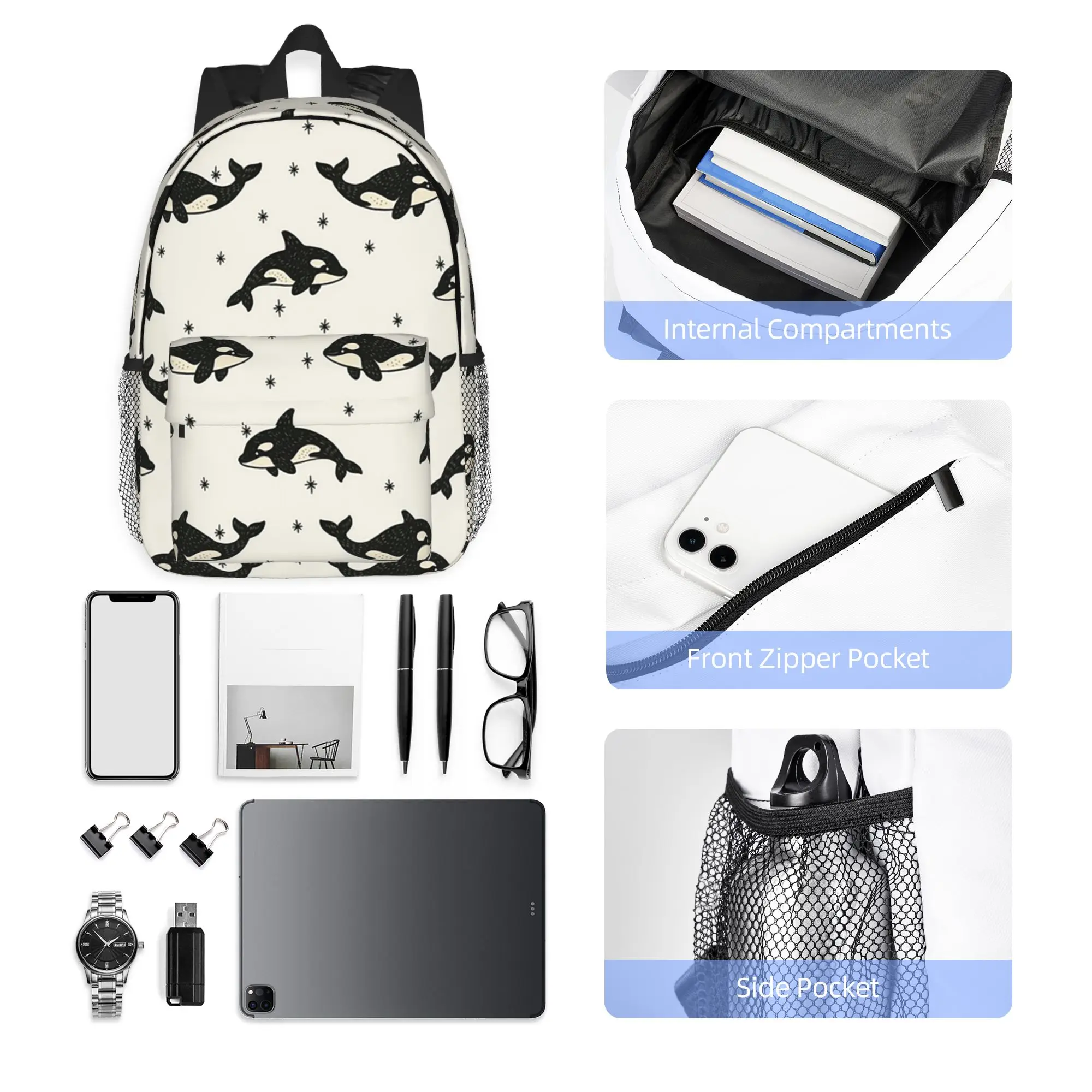 Killer Whale Orca Pattern Backpack Hot Sale Daypack Large Capacity Boys Girls BookBag Shoulder Bags for Men Women School Bag