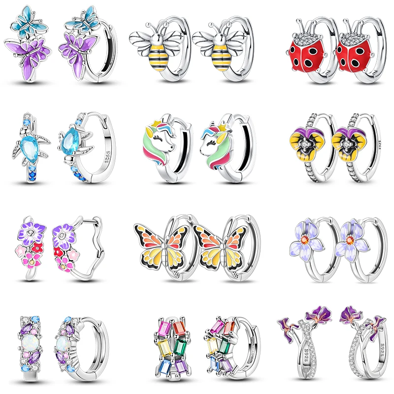 100% 925 Sterling Silver Colorful Butterfly Bee Ladybug Rainbow Flower Earrings For Women Fashion Birthday Party Jewelry Gifts