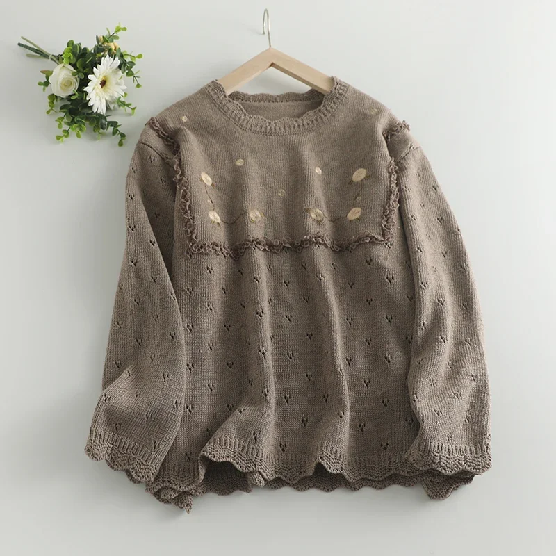 Sweet Mori Girl Vintage Embroidered Knitted Sweater Pullovers Women O-neck Long Sleeve Hollow Out Casual Loose Tops