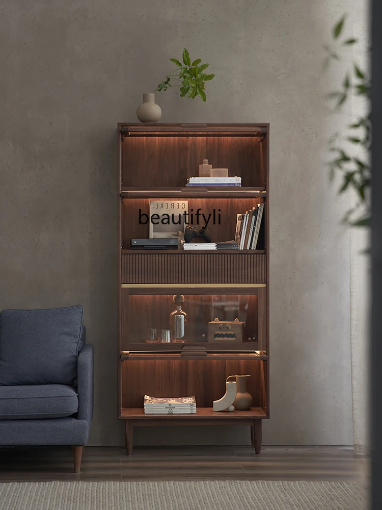 Solid Wood Bookcase Black Walnut Storage Cabinet Dustproof Glass Wine Cabinet Flip-Door Bookshelf Display Cabinet Locker