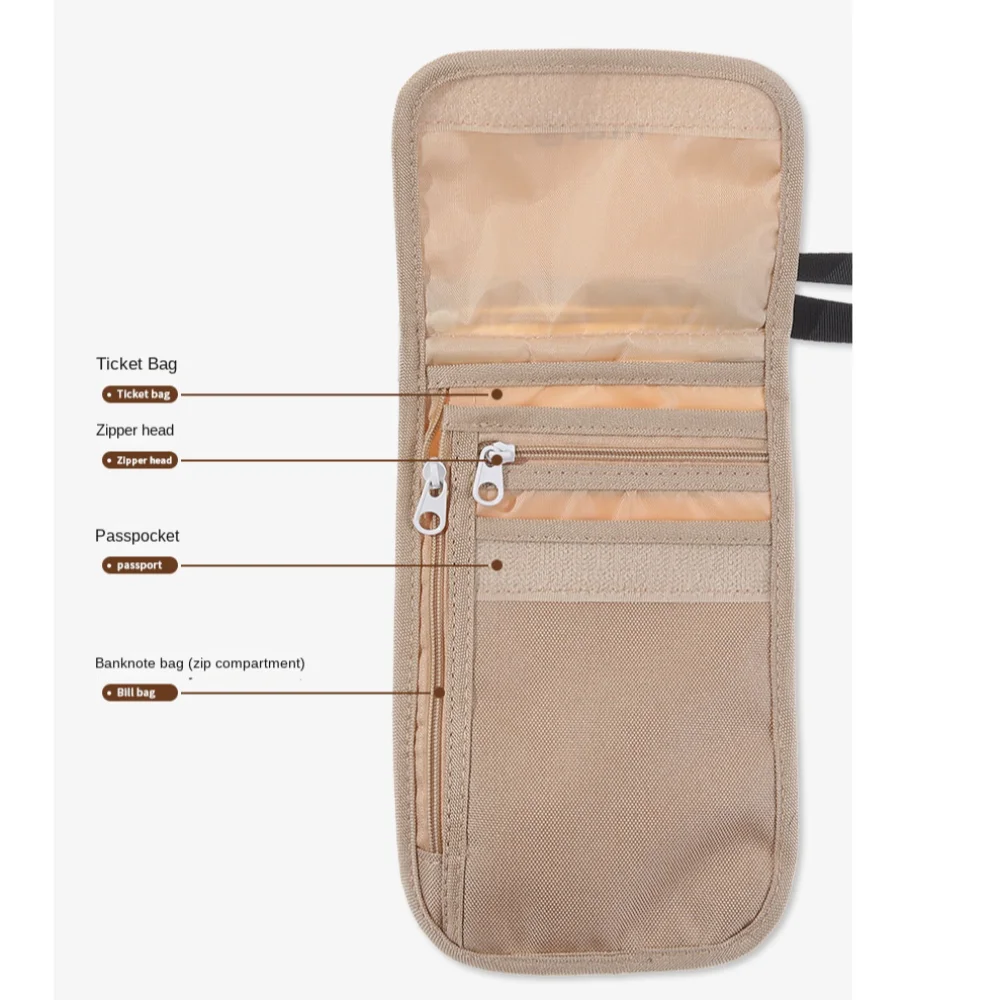 

Travel Accessories Travel Wallet Khaki Black Ticket Holder Travel Neck Pouch Zipper Passport Protective Cover Passport Wallet