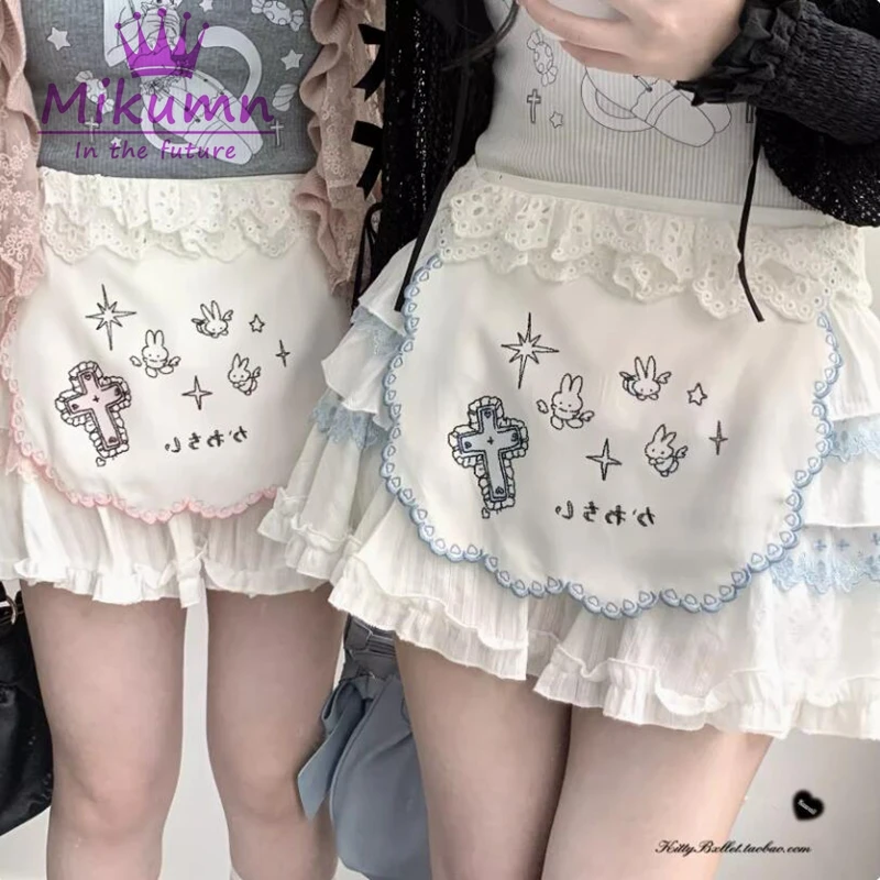 Harajuku Sweet Women Skirts Gothic Y2k Lolita Cartoon Embroidery Lace-up Cake Mini Skirt Japanese Style Girls Kawaii Short Skirt