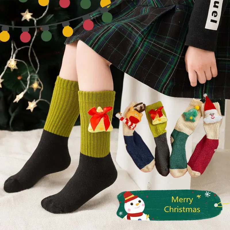Christmas Socks 0-5Year Kids Xmas Holiday Stockings Cute Santa Claus Doll Sock Thick Warm Winter Children Plush Mid Tube Socks