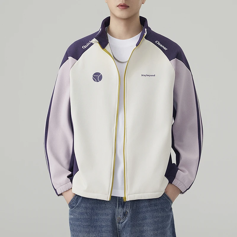 Men's Colorblock Zip-Up Hooded Jacket – Loose Fit Streetwear Sports Coat for Autumn Casual & Urban Wear