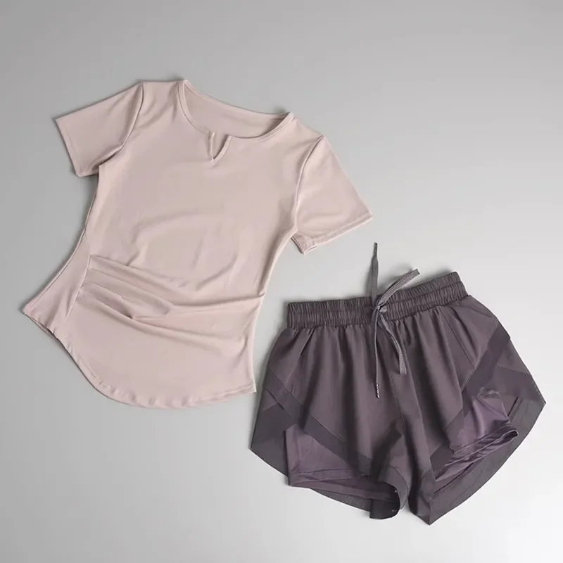 Women Quick Dry Yoga Two Piece Set Ruched Short Sleeve Top Anti Exposure Shorts Gym Dance Sports Outfit