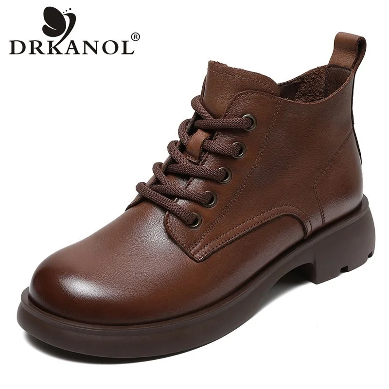 

DRKANOL Autumn Winter Warm Flat Heel Ankle Boots For Women British Style Cow Genuine Leather Soft Sole Casual Short Boots Lady