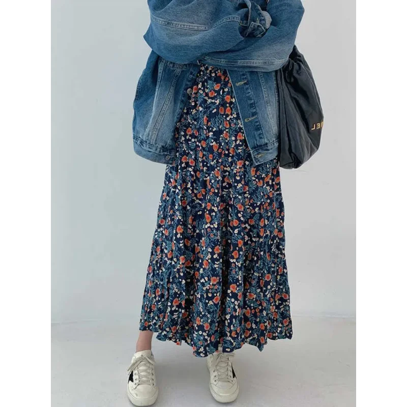Jupe mi-longue à fleurs bleues pour femmes au printemps et en été, taille haute, élastique et polyvalente, amincissante et mi-longue
