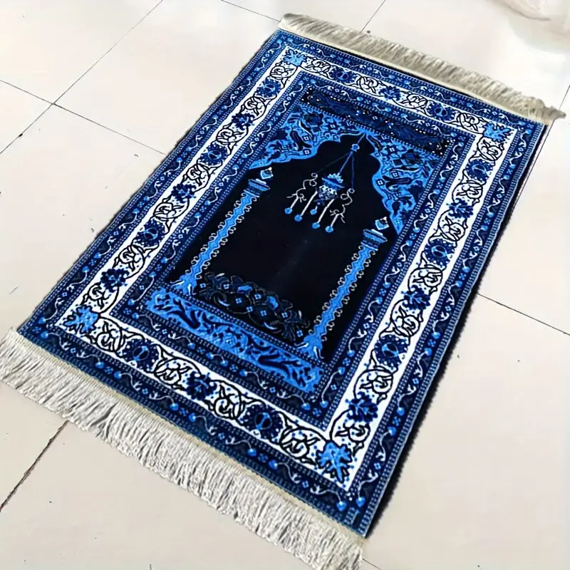 VIKAMA Vintage Blue Floral Prayer Mat, Soft Flannel Fringed Muslim Prayer Mat, Non-Slip Portable Prayer Mat, Home Decor