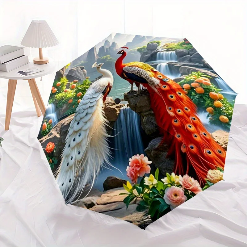 

Компактный зонт PeaRooster с автоматическим открытием/закрытием, 1 шт., с павлином и цветочным дизайном — легкий дорожный зонт, ветрозащитный, для