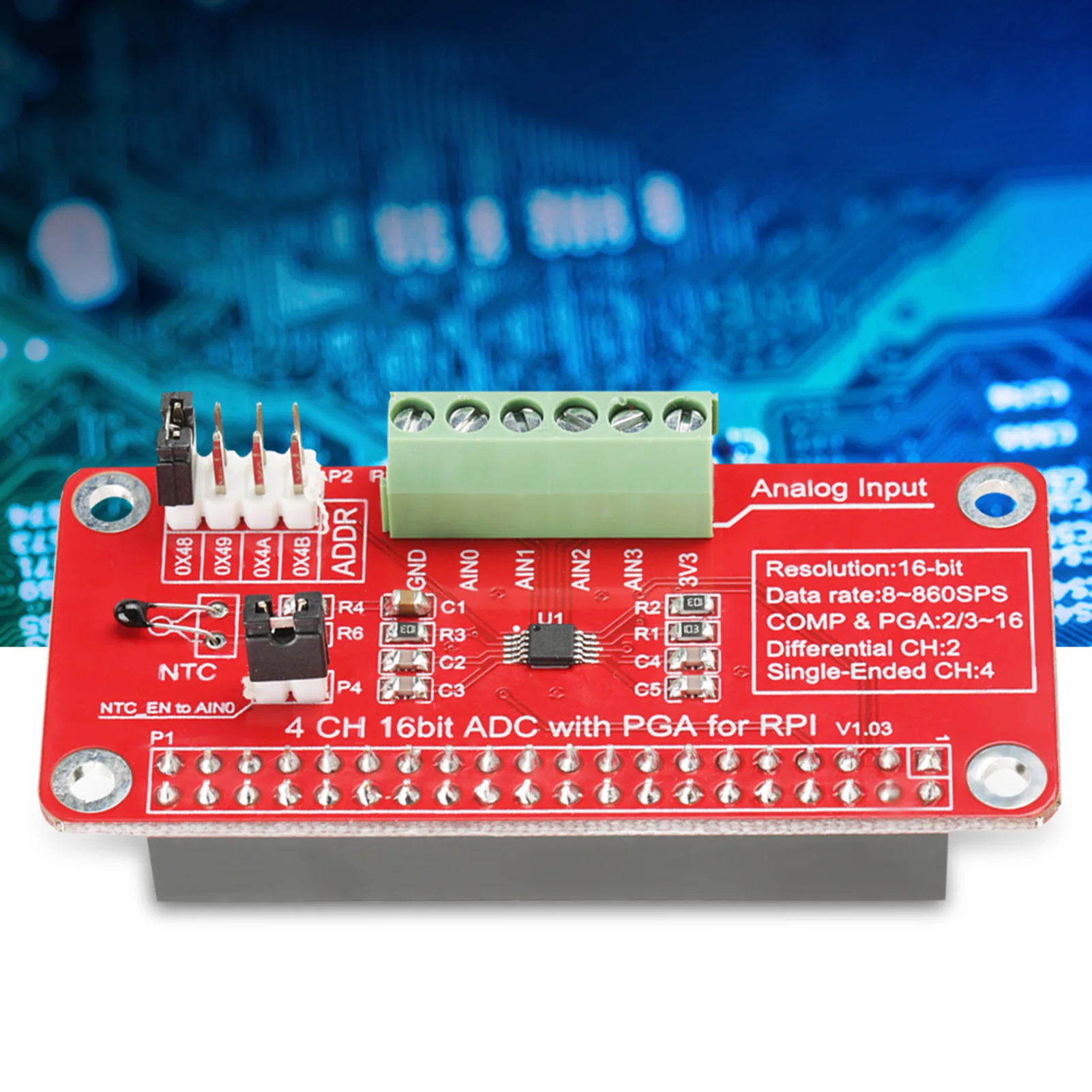 16‑Bit   Analog to Digital Converter Module for Raspberry Pi 3/2/B+  Board  Module Analog to Digital Converter