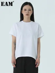 [EAM] Women White Back Long Brief Big Size Casual T-shirt New Round Neck Short Sleeve Fashion Tide Spring Summer 2024 1DH4950