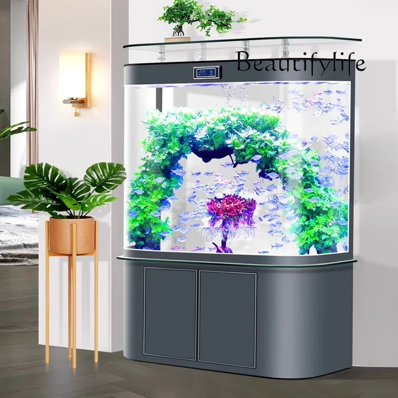 

Modern double round bottom filter hot bending glass integrated fish tank living room home floor against the wall fashionable