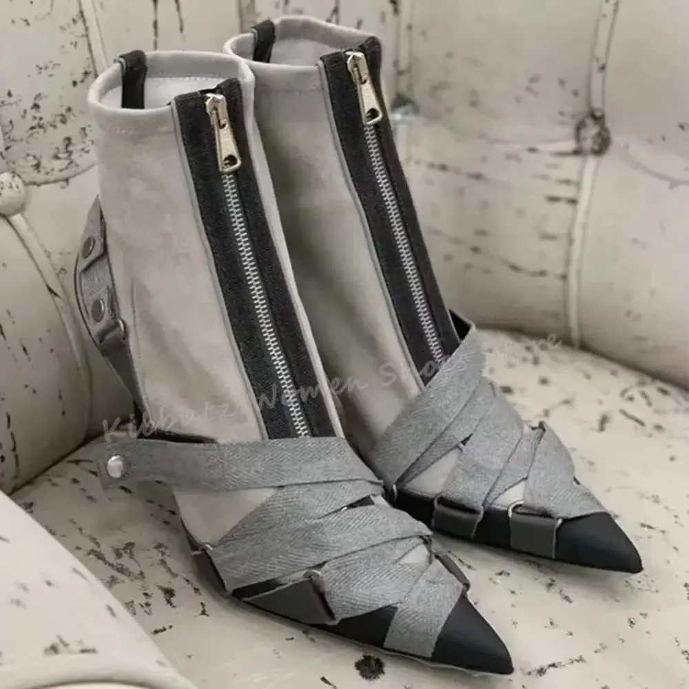 

Rivets Ankle Boots Front Zip Trend British Fashion Luxury Runway Show Elegant Patchwork New Pointed Toe Thin Heeled Women Shoes
