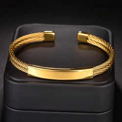 Akizoom Fashion Gold Color Star Heart Open Bangle Stainless Steel Blank Bar Twisted Cable Wire Bracelets for Women Jewelry Gifts