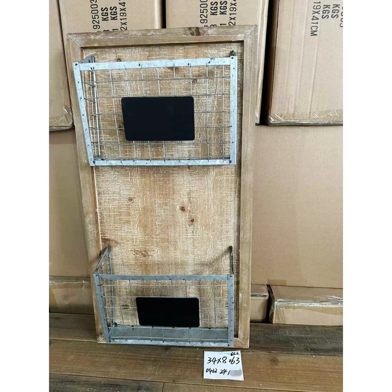 

American country style retro old wood wrought iron wall hanging two grid rack