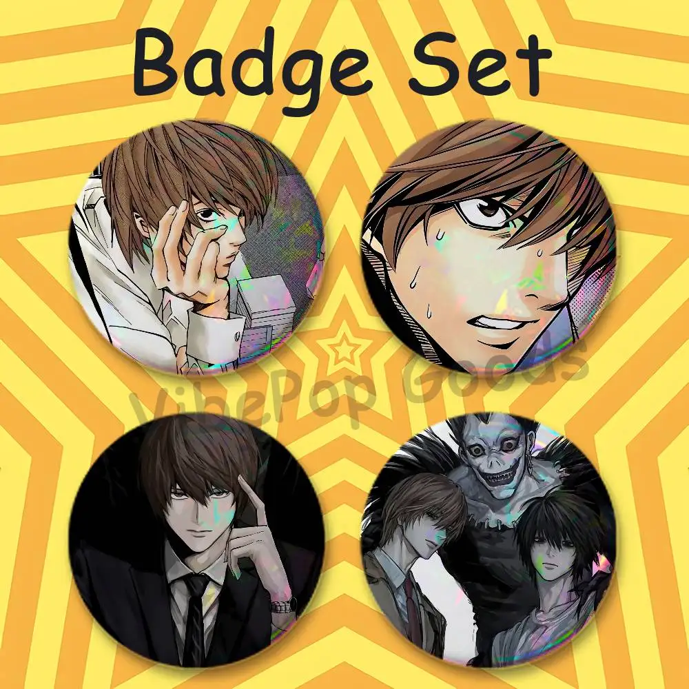 D-Death L-Light Y-Yagami N-Note 75mm Large Tin Badge 3 Inch Holographic Baji for Ita-Bag Centerpiece 4-Piece Set