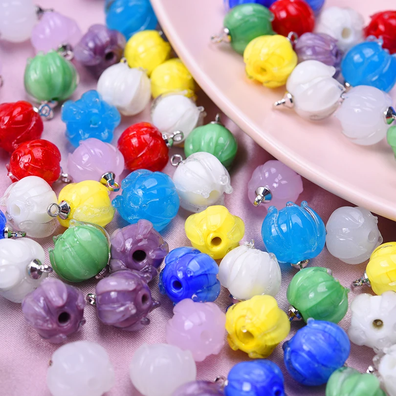 9Pcs/Lot Mix Colors Glass Round Flower Bud Beads Beads Assorted Bell Orchid Charms Diy Women Earrings Material Jewelry Making