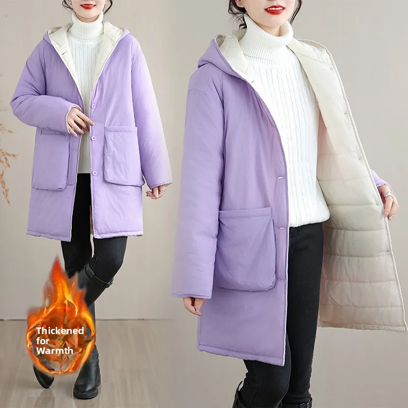

Thickened Cotton Jacket Women's Winter New Style Loose Large Size Korean Version Hat Integrated Middle Length Warm Cotton Coat