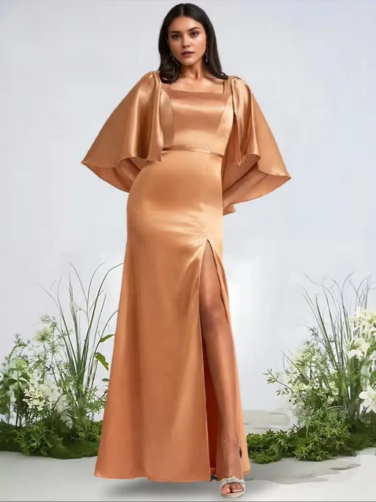 JHG Women A-Line Square Bridesmaid Dresses Stretch Satin Floor-Length Cape Leg Slit Luxury Wedding Guest Cocktail Dress 2025​