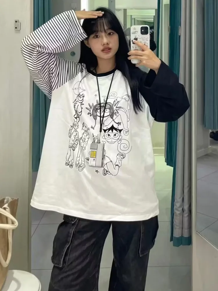 Harajuku Subculture Cartoon Print Striped Patchwork Long Sleeve T-Shirt Women Clothing Tops Streetwear Grunge Y2k Aesthetic Tees