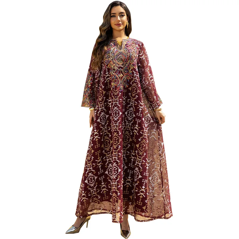 

Fashionable Abaya Mesh Embroidered Tulle Jalabiya Modest Long Floorlength Muslim Dress Elegant Stylish Modest Kaftan Gown