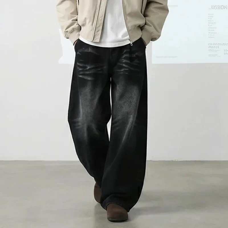 American Style Moustache Effect Washed Men's Jeans High Street Vintage Chic Design Distressed Wide Leg Denim Pants