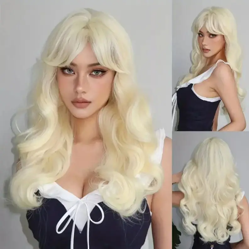 Wig rambut palsu berombak besar wanita, wig gaya pesta harian perempuan, rambut palsu panjang medium poni udara mode 26 inci penutup kepala penuh