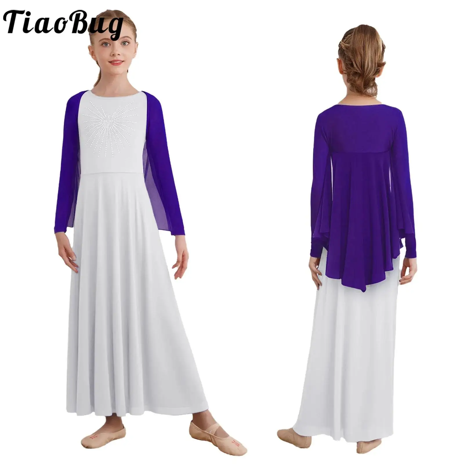 

Kids Girls Rhythmic Worship Modern Choir Dance Dresses Two Pieces Angel Wing Shrug Coats with Maxi Dress for Stage Dance Outfits