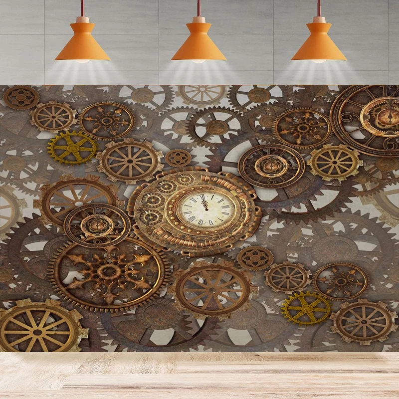 Photography Background Antique Mechanical Gears Clock Industrial Rusty Steam Machine Nostalgia Home Party Backdrop Wall Banner