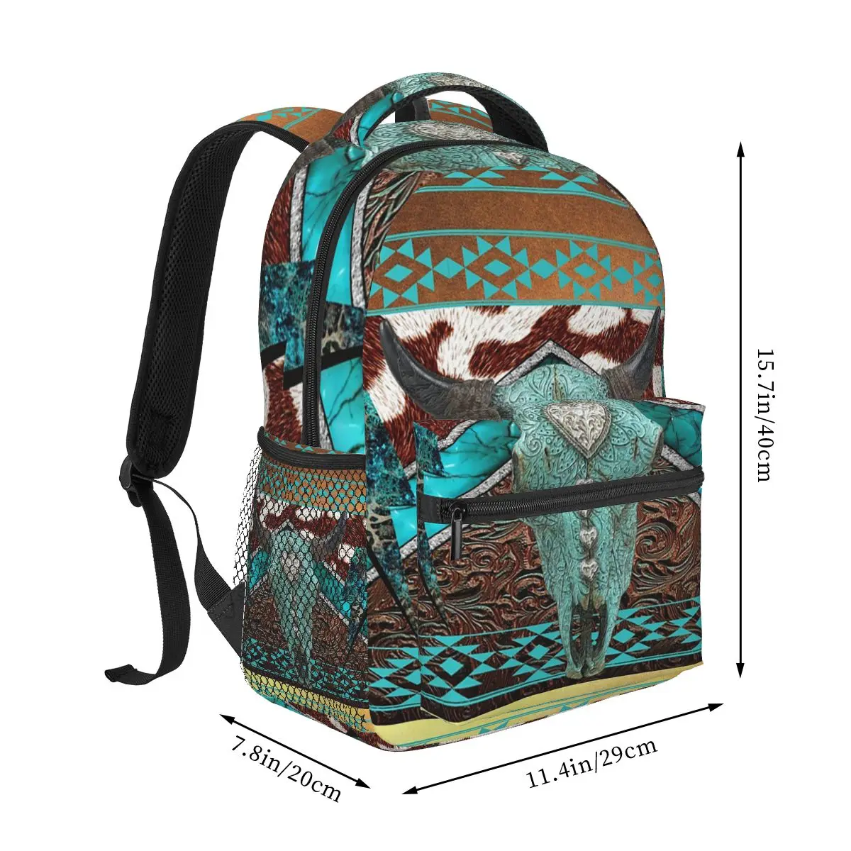 Cow Scull With Cowhide Tooled Leather Turquoise And Lightening Bolts Backpack Hot Sale Daypack BookBag School Bag Shoulder Bag