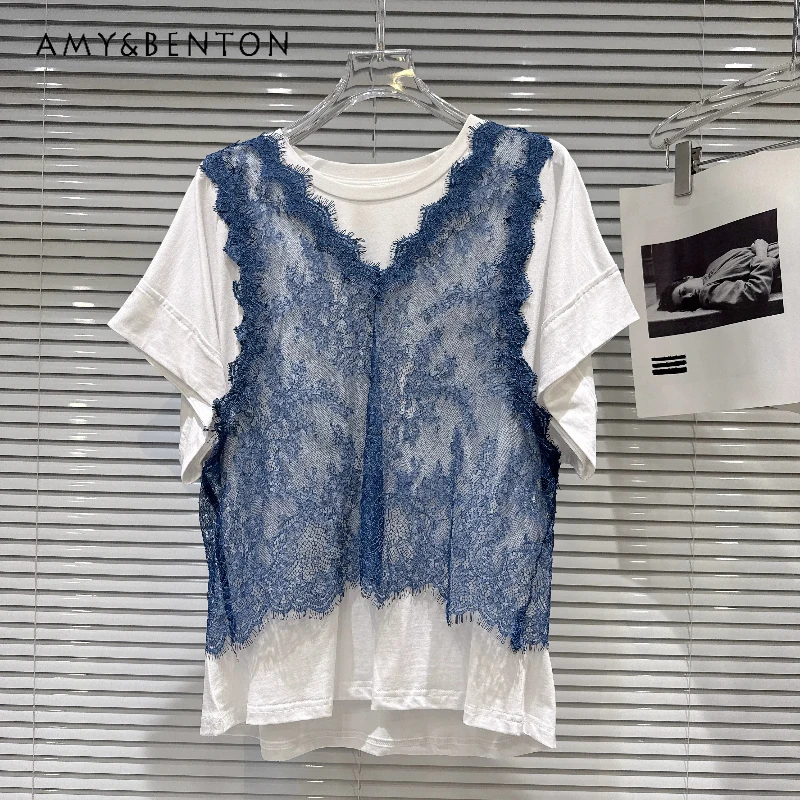 

Trendy Hot Girl Blue Lace V-Neck Women's Vest 2026 Summer New Loose Skinny Versatile Short Sleeve T-Shirt Two-piece Set Ladies