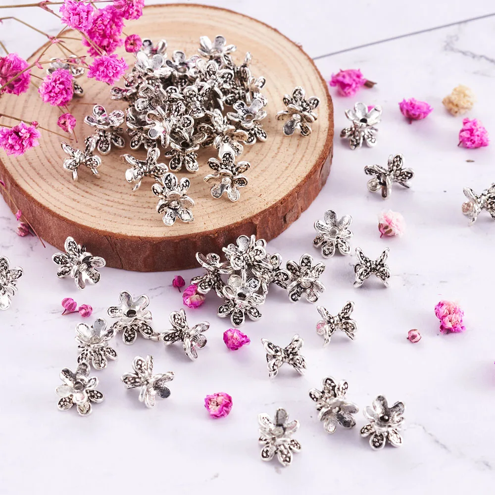 50 pcs Tibetan Style Double Sided Flower Bead Caps Antique Silver Color for Making DIY Jewelry Earring  Necklace Bracelet Charms