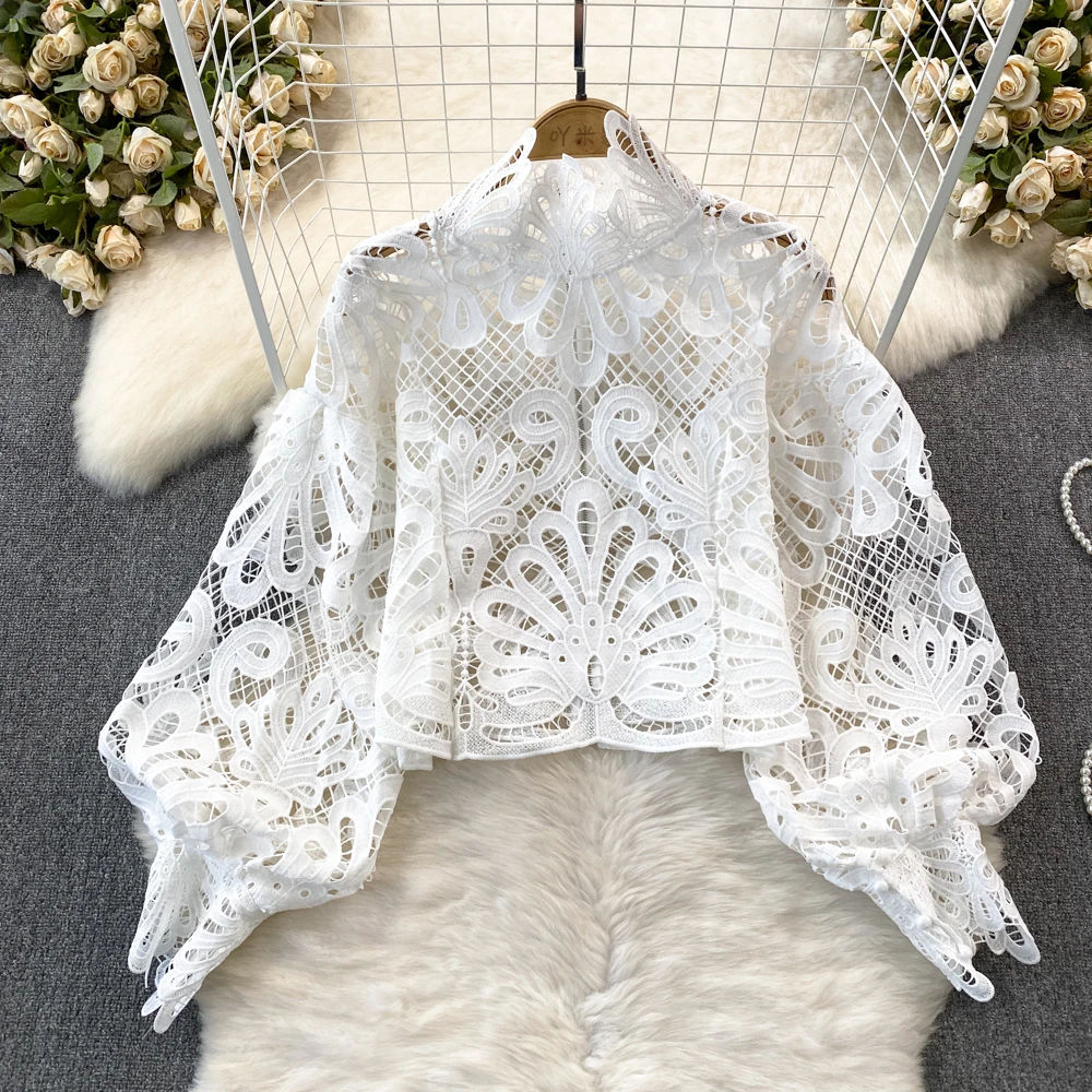 

Spring and Autumn Vintage Palace Style Lantern Long Sleeve Stand Up Collar Zipper Hollow Lace Shirt Women's Casual Top