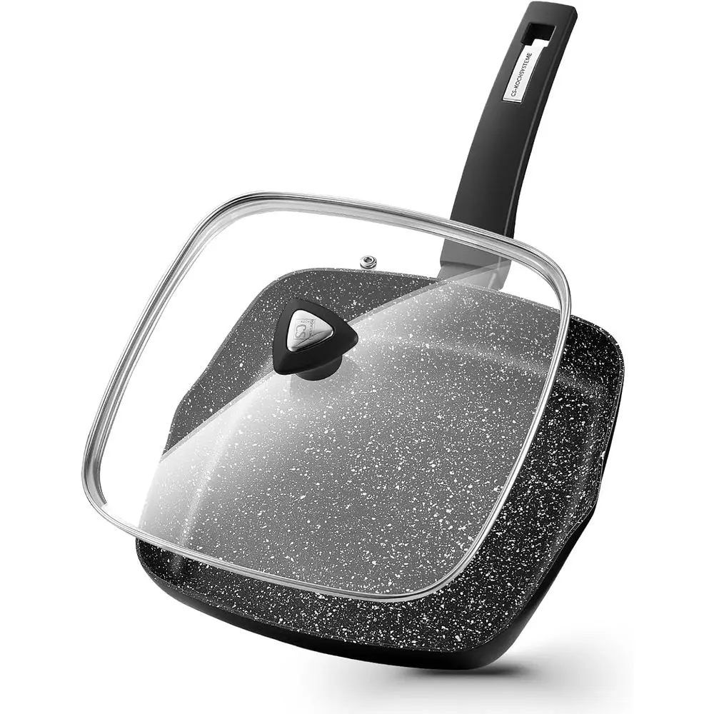 

9.5 Inch Nonstick Grill Pan with Marble Coating Square Skillet and Lid, Compatible with All Stoves, Nonstick Skillet with Bakeli