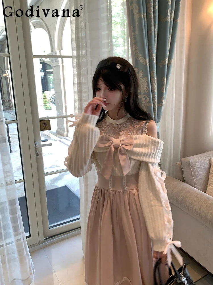 

Japanese Original Elegant Lady Lolita Gentle Lady Light Pink Off-Shoulder Dress Sweet Cute Fashion Versatile Long Dress