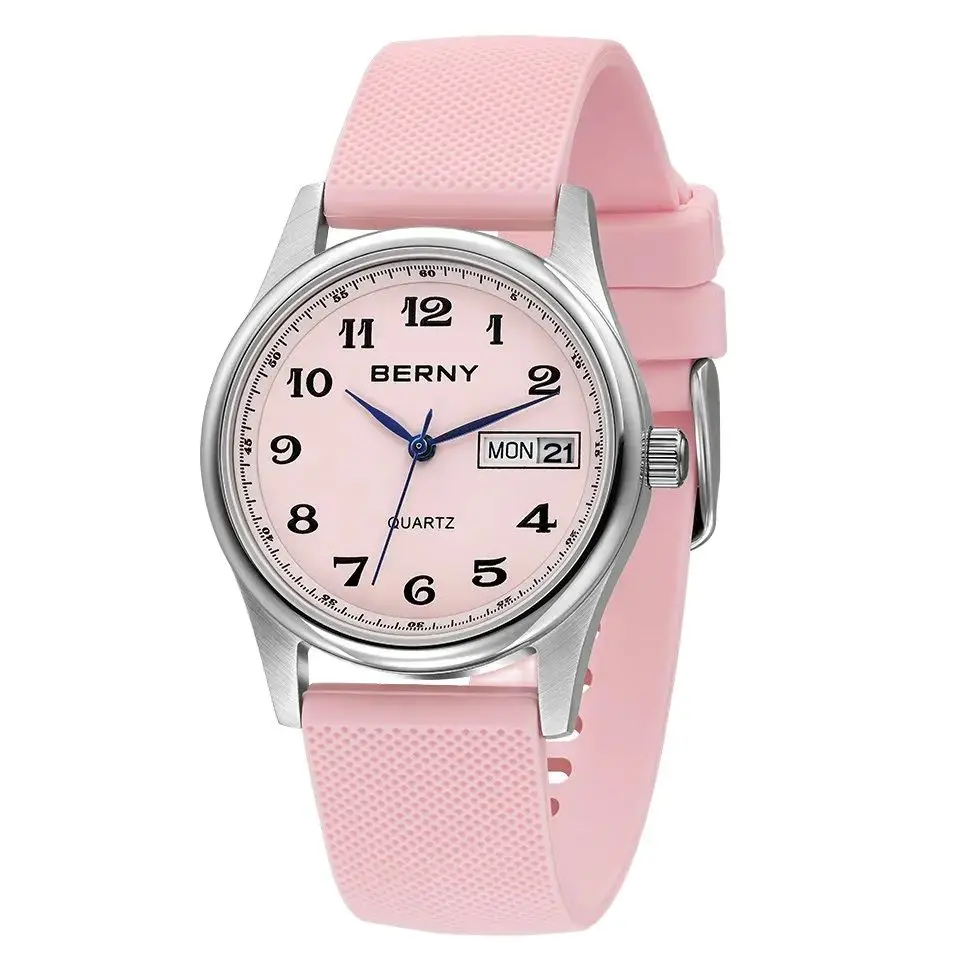 BERNY Woman Watch Calendar Weeks Quartz Women's Wristwatch S/S Soft Silicone Strap Easy Read Casual Ladies Watches Waterproof