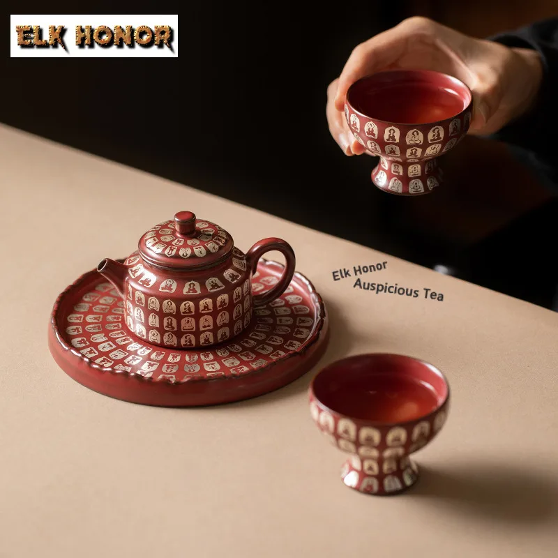 Retro Vermilion Red Buddha Buddha Tea Set Complete Set Retro Tea Ceremony Set Tea Brewing Teapot And Tea Cup Set Ornaments Gifts