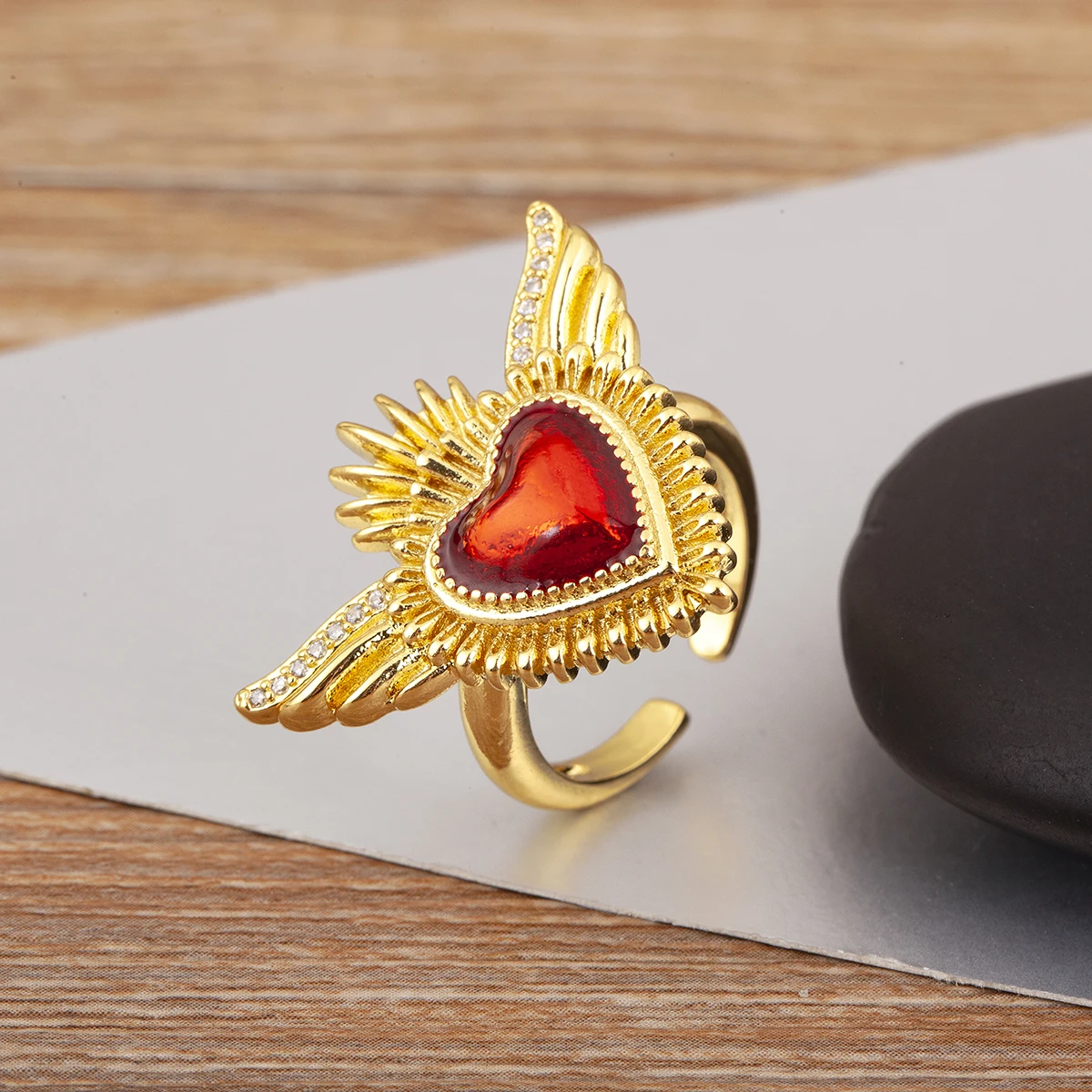Nidin New Trendy S/L Size Choice Sacred Heart Open Rings Adjustable For Women  Copper Micro Inlaid Zircon Finger Jewelry Gift