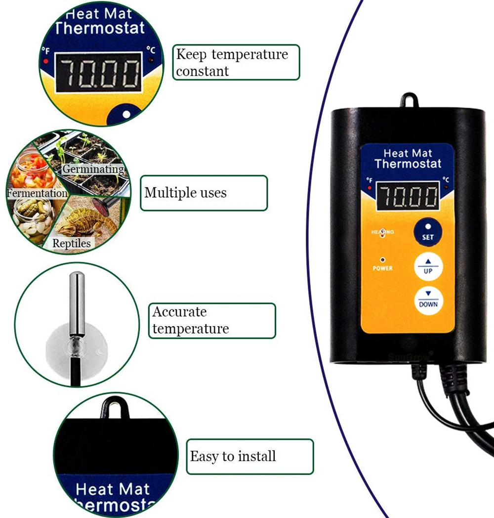 Digital Heat Mat Temperature Controller Outlet with Sensor Thermostat Switch ℃/℉ for Pet Plant Seed Germination Reptiles 120V