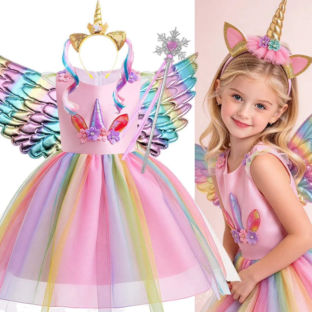 Girls Unicorn Tutu Dress Costume Pink Pastel Rainbow Princess Tulle Dress with Wings Headband Wand Kids Birthday Party Outfit