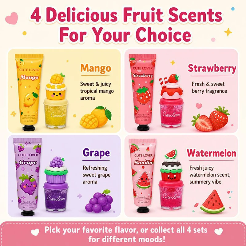 Fruit Flavored Hand Cream Lip Gloss Set For Autumn Winter Moisturizing Anti Cracking Portable Cartoon Hand Lip Care Gift Box New