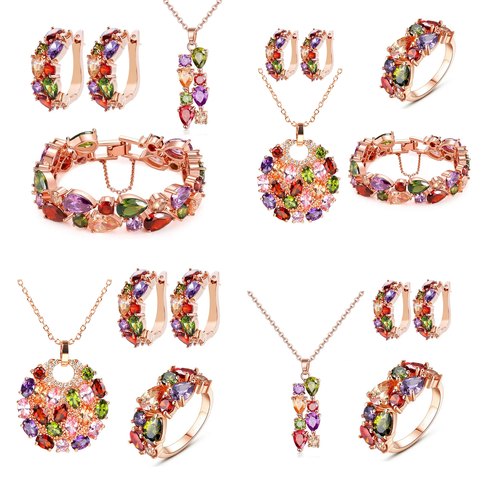 GMGYQ Hot Sale Rose Gold Color Multi Cubic Zirconia Charming  Jewelry Sets For Elegant Women or Girls Beautiful Gift