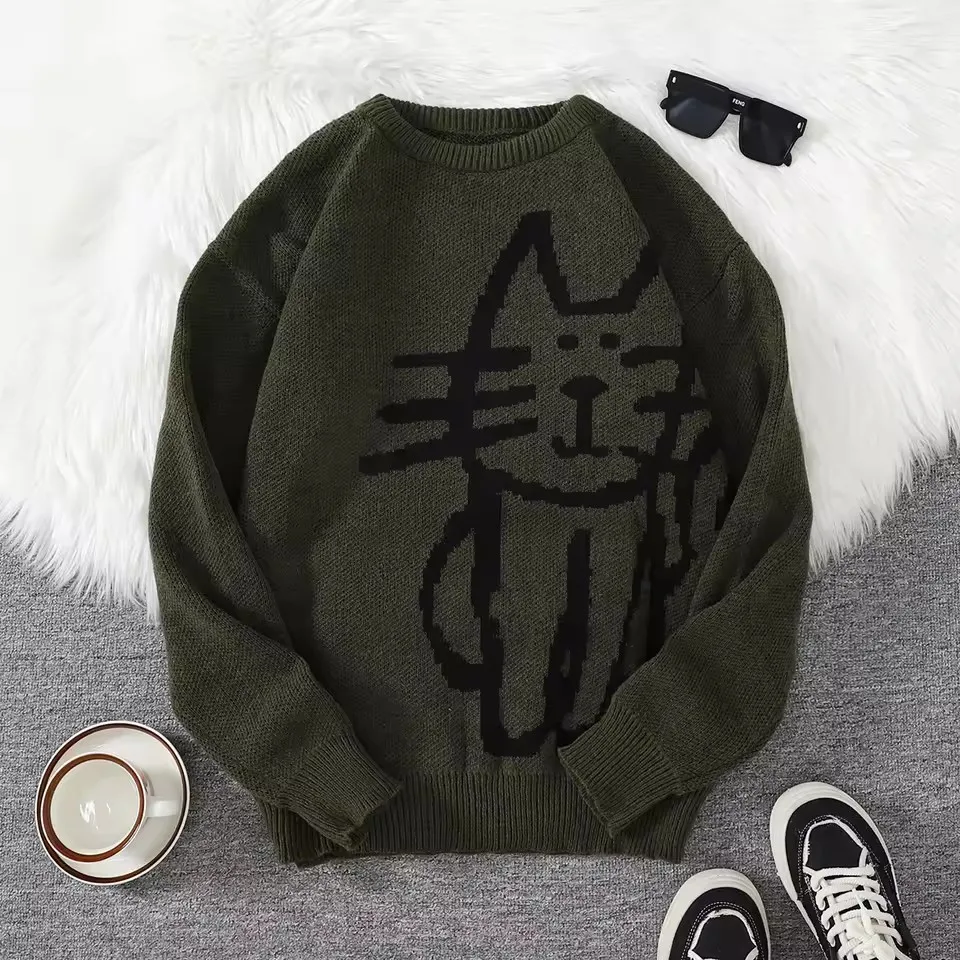 

American Street Style Fashionable Loose Fitting Cat Autumn and Winter Round Neck Pullover Men's and Women's Knitted Sweater