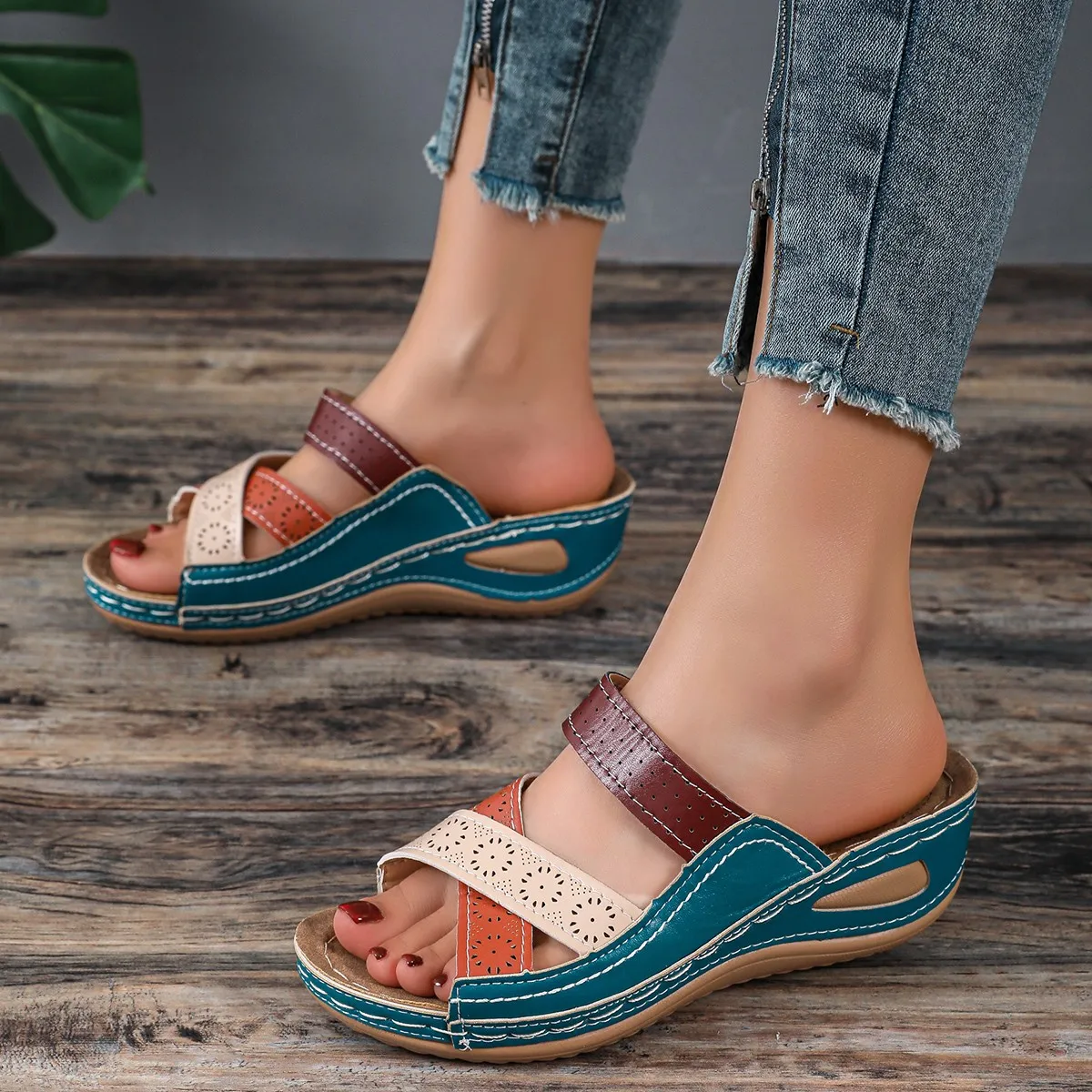 Women Wedges Slippers 2024 Summer New Orthopedic Open Toe Sandals Vintage Leather Casual Female Platform Slippers Slides Women