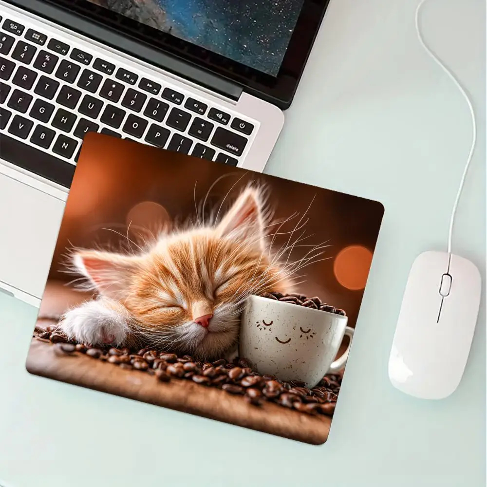 Cute cat and coffee cup Small Mouse Pad Desk Mat Gaming mats Stitched Edge Non-Slip Rubber Base Laptop accessories Office mat