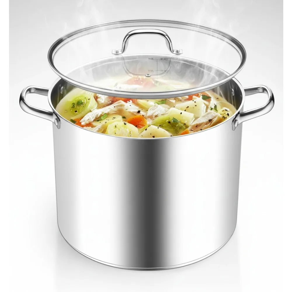 

20 Quart Stainless Steel Stock Pot with Lid, Heavy Duty Induction Cookware for Canning Steaming Simmering, Dishwasher Safe