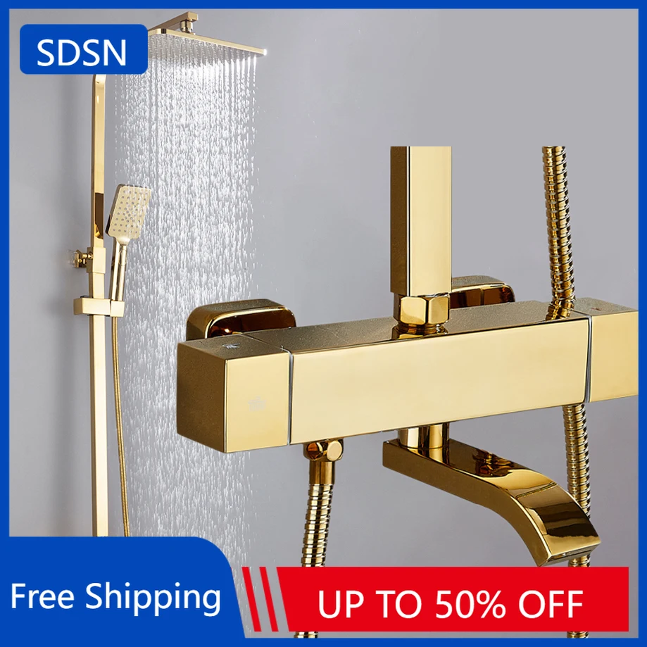 

Gold Thermostatic Bathroom Shower Set 12 Inch Rainfall Shower Head Brass Bathroom Faucet Accessories Thermostatic Shower System